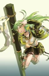 1girl alternate_costume choker frog_hair_ornament full_body gradient_background green_hair hair_ornament jacket knee_pads kochiya_sanae long_hair long_sleeves miniskirt neckerchief onbashira one_eye_closed open_mouth school_uniform serafuku shide single_sidelock skirt skirt_set slms snake_hair_ornament solo teeth touhou v wide_sleeves yellow_eyes yellow_neckerchief