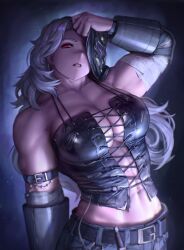 1girl absurdres arm_wrap black_corset breasts cleavage corset cross-laced_clothes cross-laced_top dorohedoro ear_piercing highres long_hair muscular muscular_female noi_(dorohedoro) numanoan piercing red_eyes removing_mask solo teeth white_hair