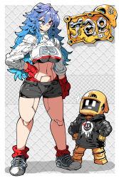 1girl android blue_hair breasts fingerless_gloves full_body gloves grey_background hair_between_eyes hand_on_own_hip hands_on_own_hips highres kafun large_breasts long_hair looking_at_another navel original pink_eyes raised_eyebrows red_gloves robot shoes short_shorts shorts simple_background sparkle very_long_hair