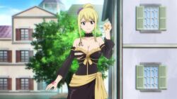 1girl alternate_hairstyle animated anime_screenshot aura blonde_hair breasts brown_eyes collarbone dressing fairy_tail hair_ribbon highres large_breasts looking_at_viewer lucy_heartfilia maid ponytail ribbon ryona tagme tongue tongue_out transformation unconventional_maid video