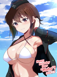 Rule 34 | 1girl, absurdres, blue sky, bra, breasts, brown eyes, brown hair, cloud, cloudy sky, girls und panzer, happy birthday, hat, highres, jacket, kumaisao, kuromorimine military uniform, large breasts, long hair, looking at viewer, military hat, military uniform, nishizumi maho, open clothes, open jacket, outdoors, short hair, sky, smile, solo, underwear, upper body, white bra