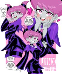 Rule 34 | 1girl, absurdres, black choker, black hairband, black thighhighs, blush, breasts, button dress, buttons, capelet, choker, colored skin, dc comics, grey skin, hair horns, hairband, heart, heart-shaped pupils, highres, horizontal-striped thighhighs, horn-shaped hair, jinx (dc), long sleeves, looking at viewer, multiple views, nico-neko, pendant choker, pink eyes, pink hair, purple capelet, purple thighhighs, slit pupils, small breasts, smirk, striped clothes, striped thighhighs, symbol-shaped pupils, teen titans, teen titans (tv series), thighhighs, two-tone thighhighs