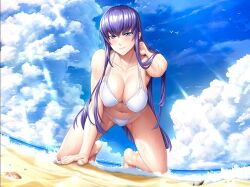 1girl beach bikini breasts busujima_saeko cleavage collarbone covered_erect_nipples crossover curvy groin hair_between_eyes highres highschool_of_the_dead large_breasts long_hair looking_at_viewer navel ocean official_art outdoors partially_visible_vulva purple_eyes purple_hair satou_shouji sidelocks sky smile stomach swimsuit taimanin_(series) taimanin_rpgx thick_thighs thighs water white_bikini wide_hips