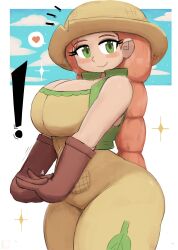 ! 1girl absurdres blush braid breasts brown_gloves cleavage cloud corny_(tony_welt) cracking_knuckles farmer food-themed_clothes gloves green_eyes green_vest hat heart highres large_breasts long_hair looking_at_viewer original overalls personification red_hair sky smile sparkle speech_bubble spoken_heart standing thick_thighs thighs tony_welt twin_braids vest white_background wide_hips yellow_hat yellow_overalls