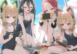 4girls absurdres animal_ear_headphones animal_ears aris_(blue_archive) barefoot black_hair black_one-piece_swimsuit blonde_hair blue_archive blue_eyes blue_sky bow breasts cat_ear_headphones cat_ears chips_(food) closed_eyes closed_mouth competition_school_swimsuit covered_navel day fake_animal_ears female_focus food food_in_mouth game_development_department_(blue_archive) green_bow green_eyes green_halo hair_between_eyes hair_bow halo handheld_game_console headphones highres holding holding_handheld_game_console kei_(robot)_(blue_archive) knees_up koisuke loli long_hair low-tied_sidelocks midori_(blue_archive) momoi_(blue_archive) mouth_hold multiple_girls nintendo_switch one-piece_swimsuit open_mouth pink_bow pink_eyes pink_halo playing_games pocky pocky_in_mouth red_hair school_swimsuit short_hair siblings sidelocks sisters sitting sky small_breasts smile swimsuit toes twins very_long_hair yuzu_(blue_archive)
