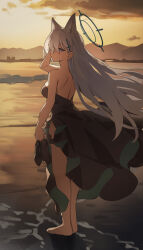 1girl absurdres animal_ears barefoot black_dress blue_archive blue_eyes blue_halo breasts closed_mouth commentary cross cross_hair_ornament dress extra_ears full_body grey_hair hair_ornament halo highres latin_cross long_hair medium_breasts outdoors qianyuu_(senba) shiroko_(blue_archive) shiroko_terror_(blue_archive) sketch solo wolf_ears wolf_girl