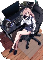 1girl absurdres adjusting_eyewear binder black_gloves black_shoes black_skirt breasts calendar_(object) chair collared_shirt computer crossed_legs cup desk dondobi from_above full_body glasses gloves hair_ribbon highres laptop large_breasts long_hair long_sleeves looking_at_viewer monitor mug office_chair parted_lips pencil_skirt pink_eyes pink_hair ribbon shirt shoes sitting skirt solo swivel_chair tsukishiro_yanagi white_shirt zenless_zone_zero