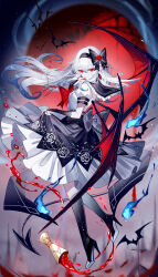 1girl artist_name black_boots black_bow black_hairband black_skirt boots bow chinese_commentary commentary_request hair_bow hairband high_heel_boots high_heels highres original petticoat puffy_short_sleeves puffy_sleeves red_bow red_eyes sheya short_sleeves signature skirt solo white_hair