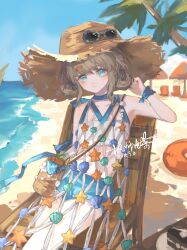 1girl absurdres artist_name bag beach beach_chair beach_umbrella blue_bow blue_choker blue_eyes blue_shorts blue_sky bow brown_bag brown_hair brown_hat choker cowboy_shot dated day dress eyewear_on_headwear fengye_pao_cha fishnet_dress hand_up hat highres innertube looking_at_viewer marcus_(on_the_white_sand)_(reverse:1999) marcus_(reverse:1999) medium_hair navel ocean official_alternate_costume outdoors palm_tree reverse:1999 sand shell shorts shoulder_bag signature sky sleeveless sleeveless_dress solo starfish strapless straw_hat sunglasses swim_ring tree tube_top umbrella very_low_bun white_tube_top wrist_bow