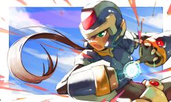 Rule 34 | 1girl, aile (mega man zx), anniversary, arm cannon, armor, black bodysuit, blue armor, blue helmet, bodysuit, border, breasts, brown hair, cowboy shot, energy ball, forehead jewel, green eyes, helmet, highres, mega man (series), mega man zx, mega man zx advent, model x (mega man), open mouth, ponytail, power armor, powering up, socksglows, upper body, weapon, white border