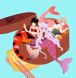 3girls absurdres animal_print artist_name bare_arms bare_shoulders bear_print bikini black_gloves black_hair blunt_bangs blush braid breasts character_print chopsticks cleavage collarbone commentary danganronpa:_trigger_happy_havoc danganronpa_(series) danganronpa_2:_goodbye_despair danganronpa_v3:_killing_harmony egg eyelashes flipped_hair food food_on_head fruit gloves green_background hair_ornament hand_up harukawa_maki highres in_container in_food kirigiri_kyoko large_breasts light_brown_hair long_hair looking_at_viewer low_twintails lying medium_breasts medium_hair mermaid missarilicious mole mole_under_eye monokuma monster_girl multiple_girls nanami_chiaki hugging_object object_on_head on_stomach oversized_food oversized_object pink_eyes purple_eyes red_bikini red_scrunchie scrunchie shell shell_bikini sitting smile sushi swimsuit thinking tomato twintails