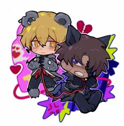 2boys animal_ears bear_ears black_coat black_gloves blonde_hair broken_heart brown_hair chibi clenched_teeth coat e.g.o_(project_moon) gloves grey_jacket grey_sleeves heart heathcliff_(project_moon) hex_nail_(e.g.o) highres jacket kageyamakira limbus_company multiple_boys parted_bangs paw_sleeves project_moon purple_eyes sinclair_(project_moon) tail teeth telepole_(e.g.o) wolf_ears wolf_tail yellow_eyes