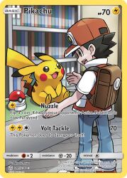 1boy :3 :d ariga_hitoshi artist_name backpack bag baseball_cap black_eyes black_hair blue_pants bookshelf brown_bag card_(medium) character_name company_name copyright_name copyright_notice denim english_text gen_1_pokemon hat indoors jeans nintendo official_art open_mouth pants pikachu poke_ball poke_ball_(basic) pokemon pokemon_(creature) pokemon_card pokemon_lgpe pokemon_tcg red_(pokemon) red_hat short_hair short_sleeves sitting smile teeth third-party_source trading_card upper_teeth_only