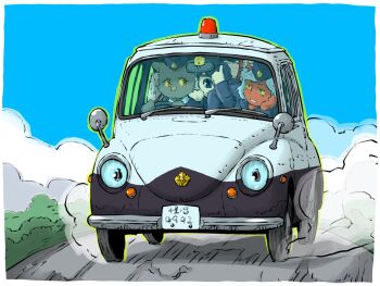 Rule 34 | 3others, blue sky, car, crowded, driving, dust cloud, highres, license plate, looking at another, motor vehicle, multiple others, original, police car, police siren, road, side-view mirror, sky, yabarn