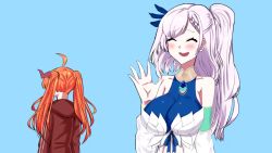 2girls ahoge animated audible_music audible_speech bird blonde_hair blush bow breasts bright_pupils diagonal-striped_bow dragon_girl dragon_horns english_audio fang feather_hair_ornament feathers hair_ornament hololive hololive_indonesia horn_bow horn_ornament horns kiryu_coco kiryu_coco_(loungewear) large_breasts long_hair multicolored_hair multiple_girls nervous_sweating niell_sugata open_mouth orange_hair pavolia_reine peacock pointy_ears side_ponytail silver_hair skin_fang sound spanish_audio strangling streaked_hair sweat turn_pale video virtual_youtuber white_pupils wide-eyed