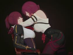 2girls absurdres bare_shoulders black_gloves breasts girls&#039;_frontline gloves highres honkai:_star_rail honkai_(series) jacket kafka_(honkai:_star_rail) large_breasts long_hair looking_at_another makiatto_(girls&#039;_frontline_2) multiple_girls nishibuya on_chair pants purple_gloves purple_pants red_eyes red_hair side_ponytail sitting wa2000_(girls&#039;_frontline)
