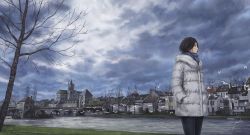 1girl anbe_yoshirou bare_tree bird black_hair bridge church city cloud coat commentary cowboy_shot day female_focus france grass hands_in_pockets highres house looking_away moret-sur-loing original real_world_location river scarf scenery short_hair signature sky solo tree water_wheel winter winter_clothes