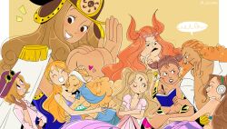 6+girls ^_^ aphelandra bikini bikini_top_only blue_capelet boa_marigold book brown_gloves cape capelet cesel charlotte_pudding closed_eyes curly_dadan dress earrings epaulettes gloves goggles goggles_on_headwear heart helmet highres holding holding_book hug jewelry koala_(one_piece) long_hair mermaid monster_girl multiple_girls nami_(one_piece) notice_lines one_eye_closed one_piece orange_hair purple_dress salute seira_(one_piece) short_hair size_difference swimsuit twintails twitter_username wanda_(one_piece) wavy_hair white_cape