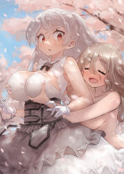 2girls blush breasts brown_eyes brown_hair cherry_blossoms cleavage cleavage_cutout clothing_cutout conte_di_cavour_(kancolle) conte_di_cavour_nuovo_(kancolle) corset day dress drunk embarrassed frilled_dress frills from_behind gloves grabbing_another&#039;s_breast grey_dress grey_hair groping hair_between_eyes kantai_collection large_breasts layered_dress long_hair multiple_girls nude open_mouth outdoors pola_(kancolle) smile toka_(marchlizard) two-tone_dress two_side_up wavy_hair white_dress white_gloves