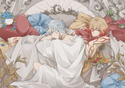 2boys alternate_costume antenna_hair arm_tattoo black_choker blonde_hair blue_eyes braid choker commentary_request facial_tattoo food fruit gradient_hair hair_between_eyes highres holding holding_food holding_fruit honkai:_star_rail honkai_(series) kujyo_sk looking_at_viewer male_focus medium_hair multicolored_hair multiple_boys mydei_(honkai:_star_rail) neck_tattoo on_bed phainon_(honkai:_star_rail) red_hair red_tattoo robe short_hair side_braid strawberry tattoo white_hair white_robe yellow_eyes
