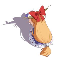 1girl bow brown_horns cat_shadow_puppet_(meme) commentary_request facing_away from_behind hair_bow highres horn_ornament horn_ribbon horns ibuki_suika long_hair low-tied_long_hair meme oeyama oni orange_hair red_bow ribbon ribbon-trimmed_skirt ribbon_trim shadow solo squatting touhou white_background