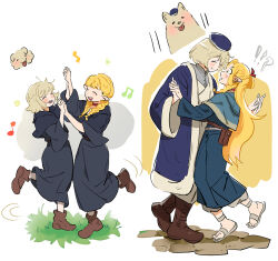 Rule 34 | 2girls, age progression, blonde hair, boots, braid, dancing, dog, dungeon meshi, elf, falin touden, falin touden (tallman), grey hair, holding hands, kuma20151225, long hair, marcille donato, multiple girls, pointy ears, robe, sandals, twin braids