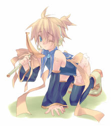 1boy banana black_sailor_collar blonde_hair blue_eyes blush crossdressing crossdressing_(mtf) detached_sleeves food fruit full_body headphones holding holding_staff kagamine_len kagamine_len_no_bousou_(vocaloid) kneeling male_focus one_eye_closed ponytail ribbon sailor_collar shoes short_hair short_ponytail simple_background solo solo_focus staff thighhighs trap vocaloid wanko_(takohati8)