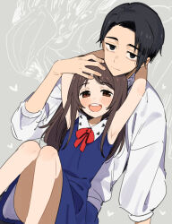 1boy 1girl age_difference black_eyes black_hair blue_dress blush brown_eyes brown_hair commentary_request dress flat_chest hand_on_another&#039;s_head highres long_hair looking_at_viewer moyori open_mouth original sitting smile
