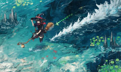 1girl absurdres artist_name black_dress black_hair black_hat black_thighhighs blue_eyes broom broom_riding closed_mouth commentary day dress english_commentary franlol full_body hand_on_headwear hat highres ocean original outdoors red_scarf scarf scenery short_hair short_sleeves solo thighhighs water witch_hat
