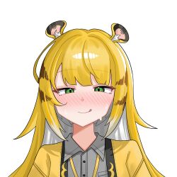 1girl absurdres animal_ear_fluff animal_ears blonde_hair breasts gloves highres jacket ju_fufu long_hair multicolored_hair shimo_(shimo_ha) shirt solo striped_fur striped_hair tail tiger_ears tiger_girl zenless_zone_zero