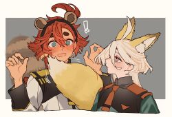 ! 2girls ahoge animal_ears asticassia_school_uniform black_hairband black_jacket blush border closed_mouth commentary constricted_pupils cropped_torso curled_fingers fox_ears fox_girl fox_tail full-face_blush green_eyes grey_background grey_eyes gundam gundam_suisei_no_majo hair_between_eyes hairband hands_up highres jacket kemonomimi_mode long_bangs long_hair looking_at_another miorine_rembran motion_lines multicolored_jacket multiple_girls myong8_0 necktie open_mouth outside_border profile raccoon_ears raccoon_girl raccoon_tail red_hair red_necktie school_uniform shoulder_boards shoulder_pads suletta_mercury symbol-only_commentary tail tail_raised thick_eyebrows two-tone_jacket upper_body white_border white_hair white_jacket wide-eyed yuri