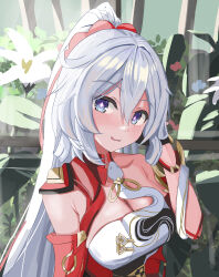 1girl absurdres ahoge blue_eyes breasts cleavage commentary_request detached_sleeves dress flower highres honkai_(series) honkai_impact_3rd kiana_kaslana kiana_kaslana_(ba-dum!_fiery_wishing_star) licking_lips long_hair masita_(kcsf3528) ponytail snake_print solo star-shaped_pupils star_(symbol) symbol-shaped_pupils tongue tongue_out very_long_hair white_dress white_flower white_hair