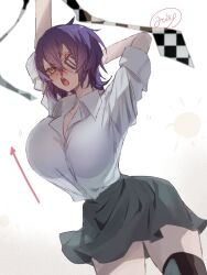 1girl black_thighhighs breasts collared_shirt commentary_request dress_shirt eyepatch grey_skirt highres kantai_collection large_breasts mizoredama1 necktie purple_hair shirt short_hair simple_background skirt solo tenryuu_(kancolle) thighhighs unworn_necktie white_background white_shirt yellow_eyes