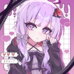 1girl absurdres aegyo_sal black_jacket closed_mouth criss-cross_halter hair_ornament halterneck hamano_yui hand_up heart highres jacket long_hair long_sleeves looking_at_viewer purple_eyes purple_hair sleeves_past_wrists solo tears upper_body vocaloid voiceroid wiping_tears yuzuki_yukari