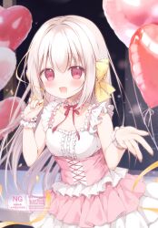 1girl :d balloon blush bow breasts center_frills collarbone commentary_request dress english_text frills hair_between_eyes hair_bow hands_up heart_balloon highres inae_koron koi_ni_kanmi_o_soete layered_dress long_hair looking_at_viewer miyasaka_naco nail_polish open_mouth pink_dress pink_nails pleated_skirt red_eyes skirt small_breasts smile solo very_long_hair watermark white_hair wrist_cuffs yellow_bow