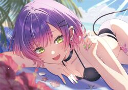 1girl :d alternate_costume bikini black_bikini black_choker blue_sky blurry blurry_background blurry_foreground breasts choker cleavage commentary day demon_girl demon_tail depth_of_field ear_piercing earclip earrings fang gradient_hair green_eyes green_nails hair_ornament hairclip hand_up hashtag-only_commentary highres hololive jewelry leg_tattoo looking_at_viewer lying medium_breasts multicolored_hair nail_polish nametakeko open_mouth outdoors palm_leaf parted_bangs piercing pink_hair pink_nails pointy_ears purple_hair short_hair sky smile solo swimsuit tail tattoo tokoyami_towa twirling_hair virtual_youtuber