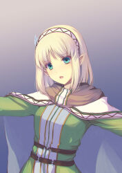 1girl aqua_eyes belt blonde_hair breasts cape cayna_(leadale_no_daichi_nite) commentary_request elf green_shirt hairband highres leadale_no_daichi_nite looking_at_viewer medium_hair official_art open_mouth outstretched_arms parted_bangs pointy_ears shirt solo tenmaso white_cape white_hairband