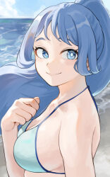 1girl absurdres bikini blue_bikini blue_eyes blue_hair blue_sky boku_no_hero_academia breasts closed_mouth day fengling_(furin-jp) from_side hado_nejire high_ponytail highres large_breasts long_hair outdoors ponytail sky smile solo strap_gap swimsuit