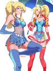 1girl 604yue blonde_hair blue_choker blue_eyes blue_gloves blue_leotard blue_thighhighs breasts choker crop_top cropped_jacket elbow_gloves gloves hair_ribbon highres holding holding_umbrella jacket large_breasts leotard long_hair metroid miniskirt navel nintendo ponytail race_queen red_gloves red_jacket red_thighhighs ribbon samus_aran see-through_clothes see-through_skirt short_sleeves side_slit skirt sleeveless strapless strapless_leotard thighhighs umbrella visor_cap white_ribbon