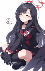 &gt;_&lt; 1girl ^_^ armband black_choker black_footwear black_gloves black_hair black_sailor_collar black_serafuku black_shirt black_skirt black_socks black_wings blue_archive blush choker closed_eyes english_text full_body gloves grin hair_ornament hairclip halo highres ichika_(blue_archive) indian_style invisible_floor long_hair long_sleeves low_wings midriff_peek neckerchief panties_peek red_neckerchief ripnte safety_pin sailor_collar school_uniform serafuku shirt simple_background sitting skirt smile socks solo speech_bubble spoken_expression swept_bangs teeth text_print thighs two-tone_skirt white_background wings