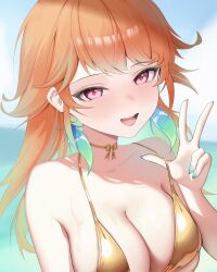 1girl aqua_feathers aqua_nails bare_shoulders bikini blue_sky blush bow bowtie breasts choker cleavage collarbone colored_inner_hair commentary day feathers fingernails green_feathers green_hair green_nails hashtag-only_commentary highres hololive hololive_english hoshimurii large_breasts long_hair looking_at_viewer multicolored_hair nail_polish open_mouth orange_hair pink_eyes pink_lips sky smile solo strap_pull sweat swimsuit takanashi_kiara teeth two-tone_feathers two-tone_hair upper_teeth_only virtual_youtuber w yellow_bikini yellow_bow yellow_bowtie yellow_choker