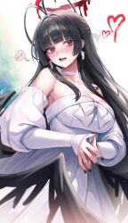 Rule 34 | 1girl, absurdres, antenna hair, black nails, black wings, blood, blood halo, blue archive, blush, bow, breasts, choker, cleavage, commentary request, detached sleeves, dress, earrings, fingernails, hair bow, hair intakes, halo, highres, jewelry, large breasts, liquid halo, long hair, looking at viewer, low wings, manic shd, melting halo, nail polish, official alternate costume, open mouth, red halo, revision, sleeves past wrists, solo, spoken blush, steepled fingers, sweat, tsurugi (blue archive), tsurugi (dress) (blue archive), very long hair, wedding dress, white bow, white choker, white dress, wings