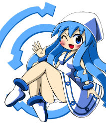 1girl arrow_(symbol) blue_eyes blue_hair blush bracelet breasts dress hat ikamusume jewelry lkagami long_hair looking_at_viewer one_eye_closed open_mouth panties shinryaku!_ikamusume shoes sitting sleeveless sleeveless_dress small_breasts smile squid_girl tentacle_hair underwear waving white_background white_dress white_hat white_panties white_shoes wink