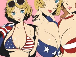 2girls american_flag american_flag_bikini american_flag_print bikini blonde_hair blue_eyes blue_jacket breast_press breasts brown_hair character_request cleavage collarbone copyright_request eyewear_on_head flag_print flag_print_bikini fourth_of_july highres jacket lips multiple_girls print_bikini short_hair smile sunglasses swimsuit symmetrical_docking windriftdraws