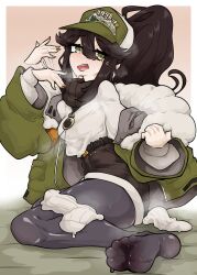 1girl absurdres baseball_cap black_pantyhose brown_hair brown_nails caloart30 coat fanning_self fur-trimmed_coat fur_trim green_eyes hat high-waist_shorts high_ponytail highres indie_virtual_youtuber kara_wilderwood layered_clothes looking_at_viewer motion_lines pantyhose ponytail shorts sitting socks solo steaming_body sweat sweater turtleneck turtleneck_sweater undressing unworn_socks virtual_youtuber