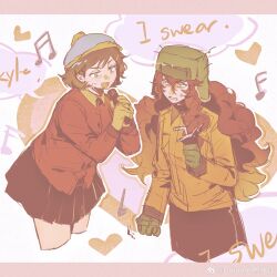 Rule 34 | 2girls, absurdres, anger vein, animification, annoyed, black skirt, blue eyes, blue hat, blush, border, brown hair, caramel jiaomitang, character name, chinese commentary, clenched hand, collared jacket, commentary request, cowboy shot, cup, disposable cup, drinking straw, eric cartman, freckles, genderswap, genderswap (mtf), gloves, green eyes, green gloves, green hat, hair between eyes, hands up, hat, heart, heart background, highres, holding, holding cup, holding microphone, jacket, kyle broflovski, long hair, long sleeves, looking at another, microphone, multiple girls, music, musical note, open mouth, orange hair, orange jacket, pink border, pleated skirt, pom pom (clothes), red jacket, short hair, singing, skirt, smile, south park, speech bubble, standing, sweatdrop, teeth, v-shaped eyebrows, wavy hair, white background, yellow gloves, yuri