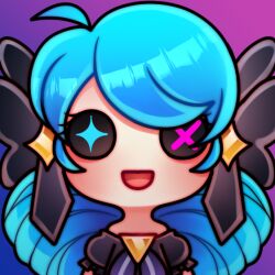 1girl :d ahoge black_bow bow button_eyes buttons green_hair gwen_(league_of_legends) hair_bow league_of_legends long_hair open_mouth poposhirat puffy_short_sleeves puffy_sleeves short_sleeves smile solo twintails upper_body