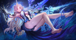 1girl armored_gloves artist_logo bare_legs bare_shoulders barefoot bilingual_commentary black_dress black_panties blonde_hair blue_eyes blue_hair breasts cameltoe closed_mouth colored_inner_hair commentary crown_of_thorns dress earrings english_commentary feet fleurdelys_(wuthering_waves) floating_earrings full_body highres horns jewelry large_breasts legs logo long_hair looking_at_viewer luongnights mixed-language_commentary multicolored_hair navel panties parted_bangs pointy_ears sidelocks single_horn soles solo stomach thighs toes underwear very_long_hair wuthering_waves yellow_horns