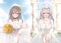 2girls absurdres bouquet breasts bridal_veil cleavage dress emaxart female_focus firefly_(honkai:_star_rail) flower grey_hair hair_flower hair_ornament headband highres holding holding_bouquet holding_hands honkai:_star_rail honkai_(series) jewelry large_breasts long_hair multiple_girls multiple_views ring rose see-through_clothes see-through_veil smile stelle_(honkai:_star_rail) trailblazer_(honkai:_star_rail) veil wedding_dress wedding_ring white_dress wife_and_wife yellow_eyes yellow_flower yellow_rose yuri