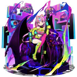 1girl :p asymmetrical_legwear bat_wings blonde_hair blue_hair bucket faux_figurine game_cg girls&#039;_frontline girls&#039;_frontline_neural_cloud gloves green_hair green_jacket highres jacket navel official_art onono_imoko open_clothes open_jacket paint pink_eyes pink_hair puzzle_(neural_cloud) sitting smile solo symbol-shaped_pupils third-party_source tongue tongue_out transparent_background wings x-shaped_pupils